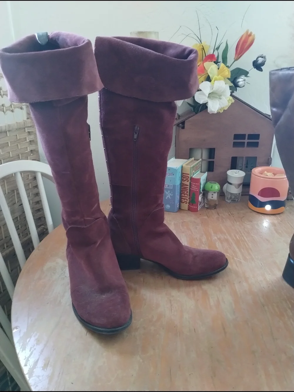 Women's Over-the-Knee Fold-Over Suede Boots in Burgundy